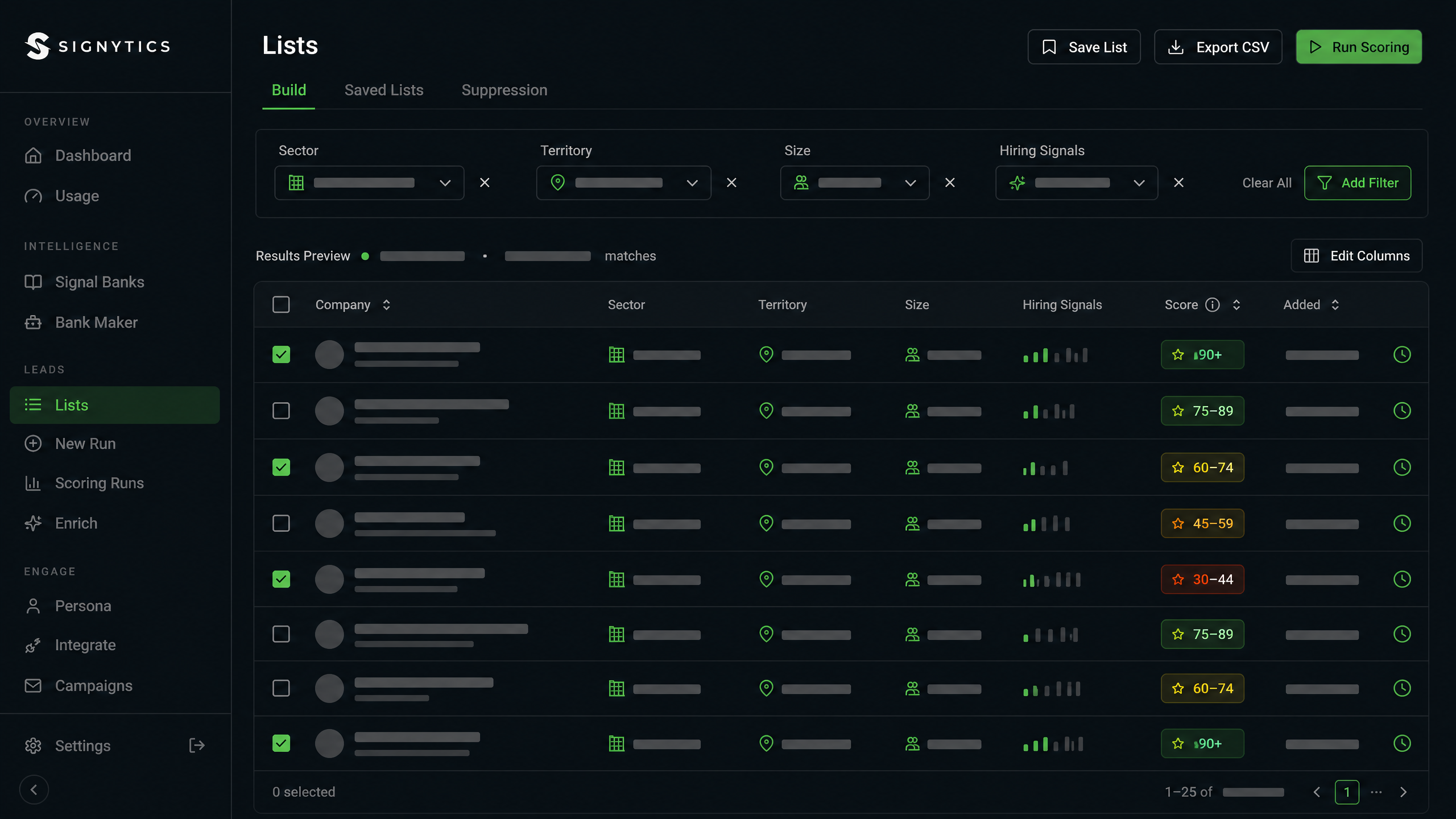 Illustrative Signytics list builder interface